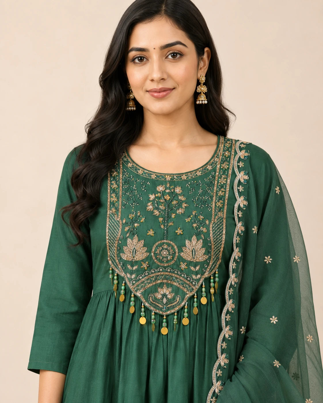 Bottle Green Mal Chanderi Hand Work Kurta Set
