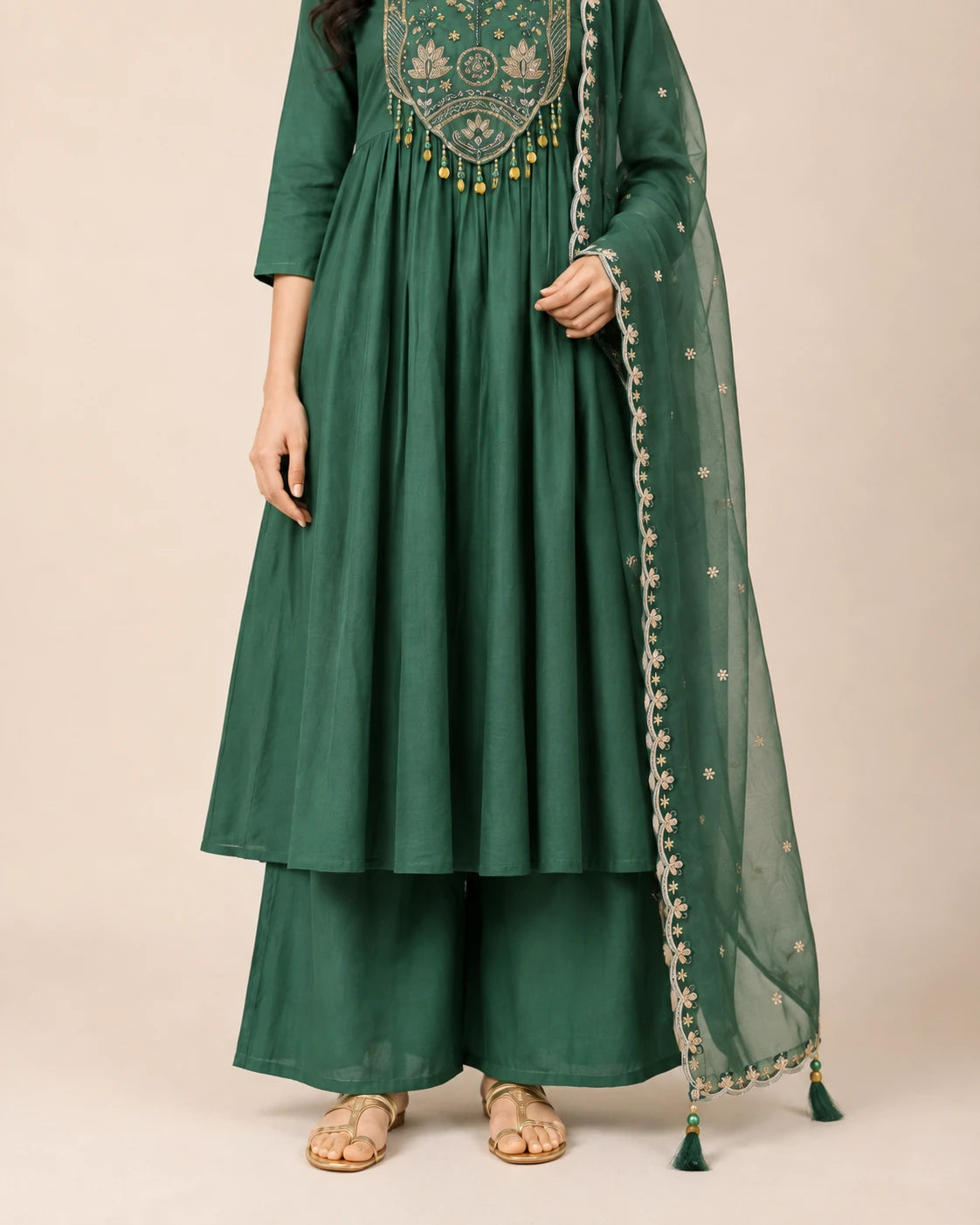 Bottle Green Mal Chanderi Hand Work Kurta Set