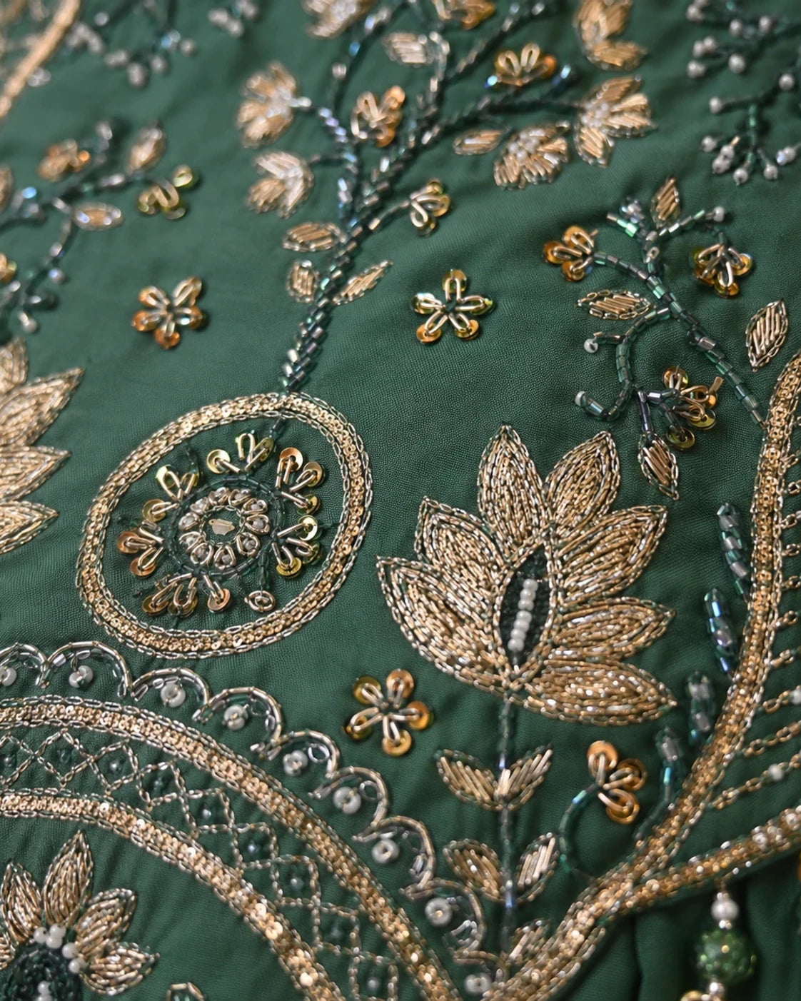 Bottle Green Mal Chanderi Hand Work Kurta Set