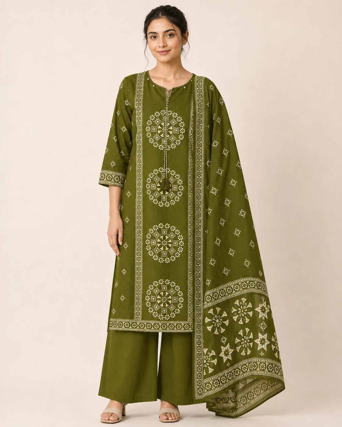 Olive Green Pure Cotton Printed Suit Set