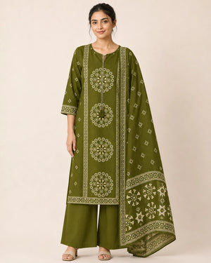 Olive Green Pure Cotton Printed Suit Set