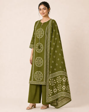 Olive Green Pure Cotton Printed Suit Set