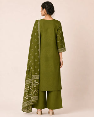 Olive Green Pure Cotton Printed Suit Set