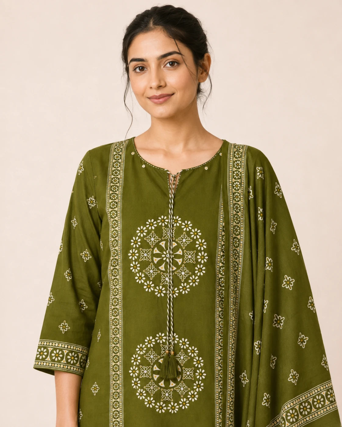 Olive Green Pure Cotton Printed Suit Set