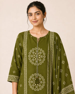Olive Green Pure Cotton Printed Suit Set