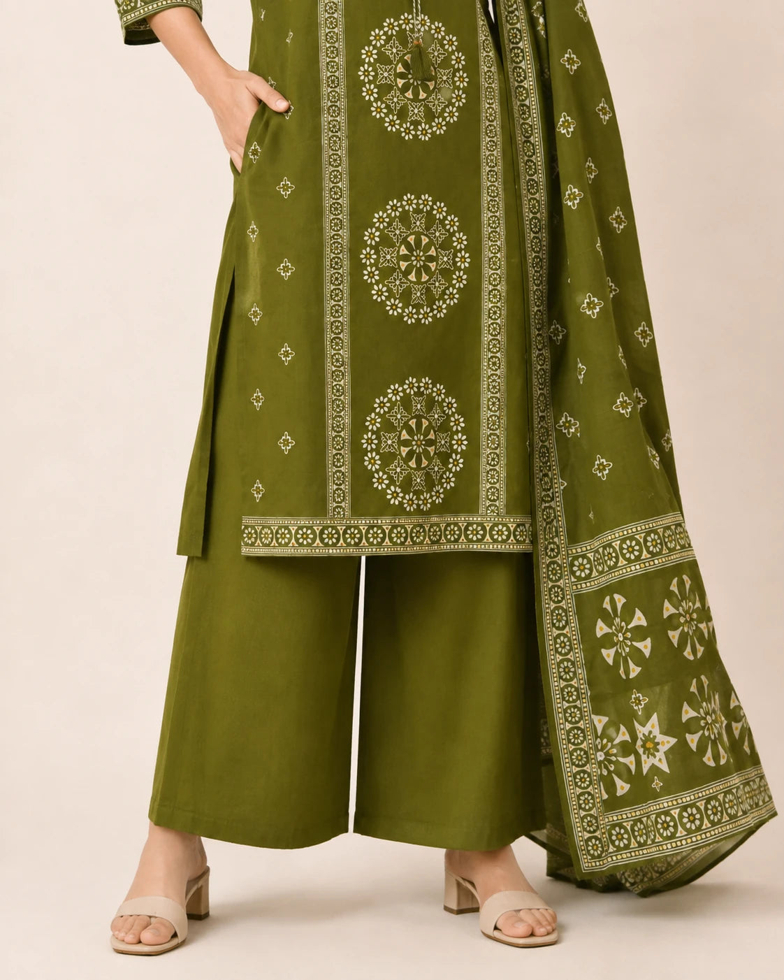 Olive Green Pure Cotton Printed Suit Set
