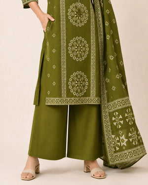 Olive Green Pure Cotton Printed Suit Set