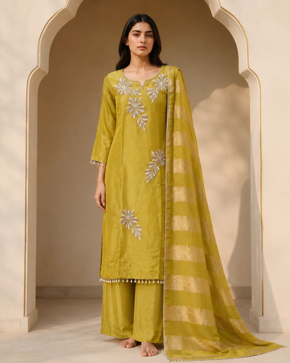 Chartreuse Tissue Silk Beadwork Suit Set