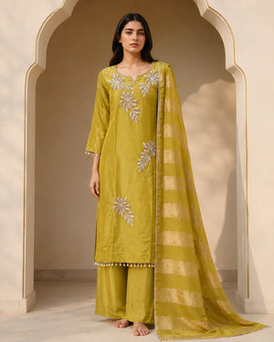 Chartreuse Tissue Silk Beadwork Suit Set