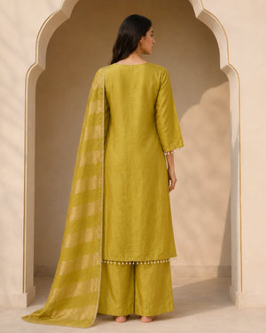 Chartreuse Tissue Silk Beadwork Suit Set