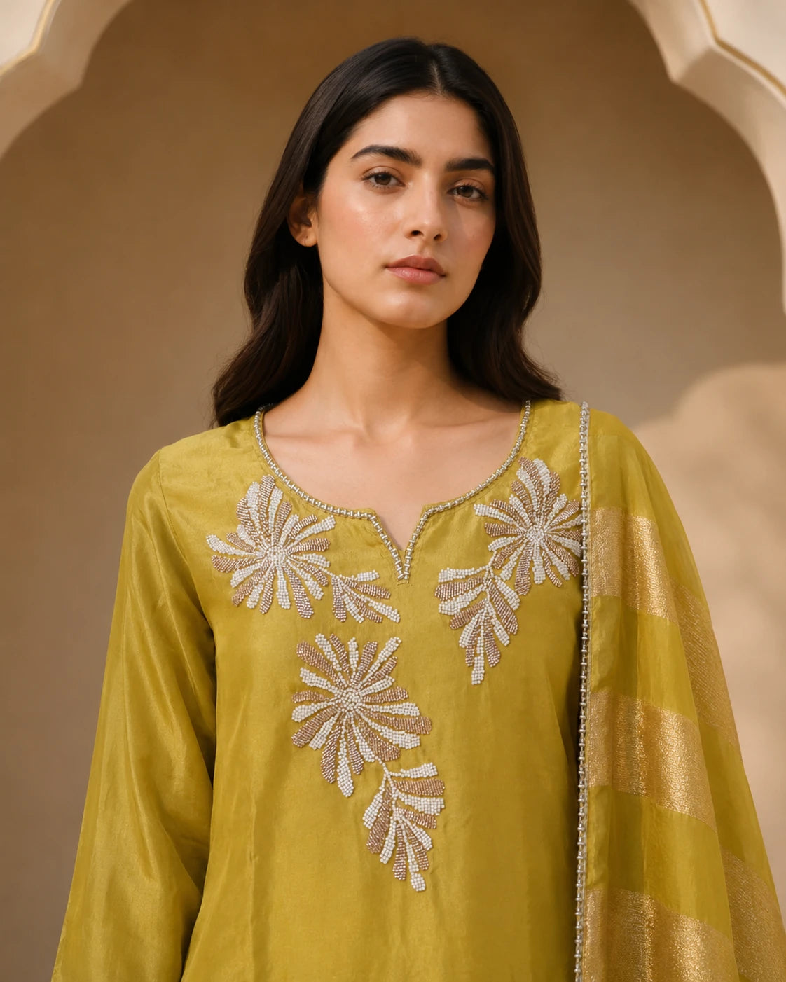 Chartreuse Tissue Silk Beadwork Suit Set