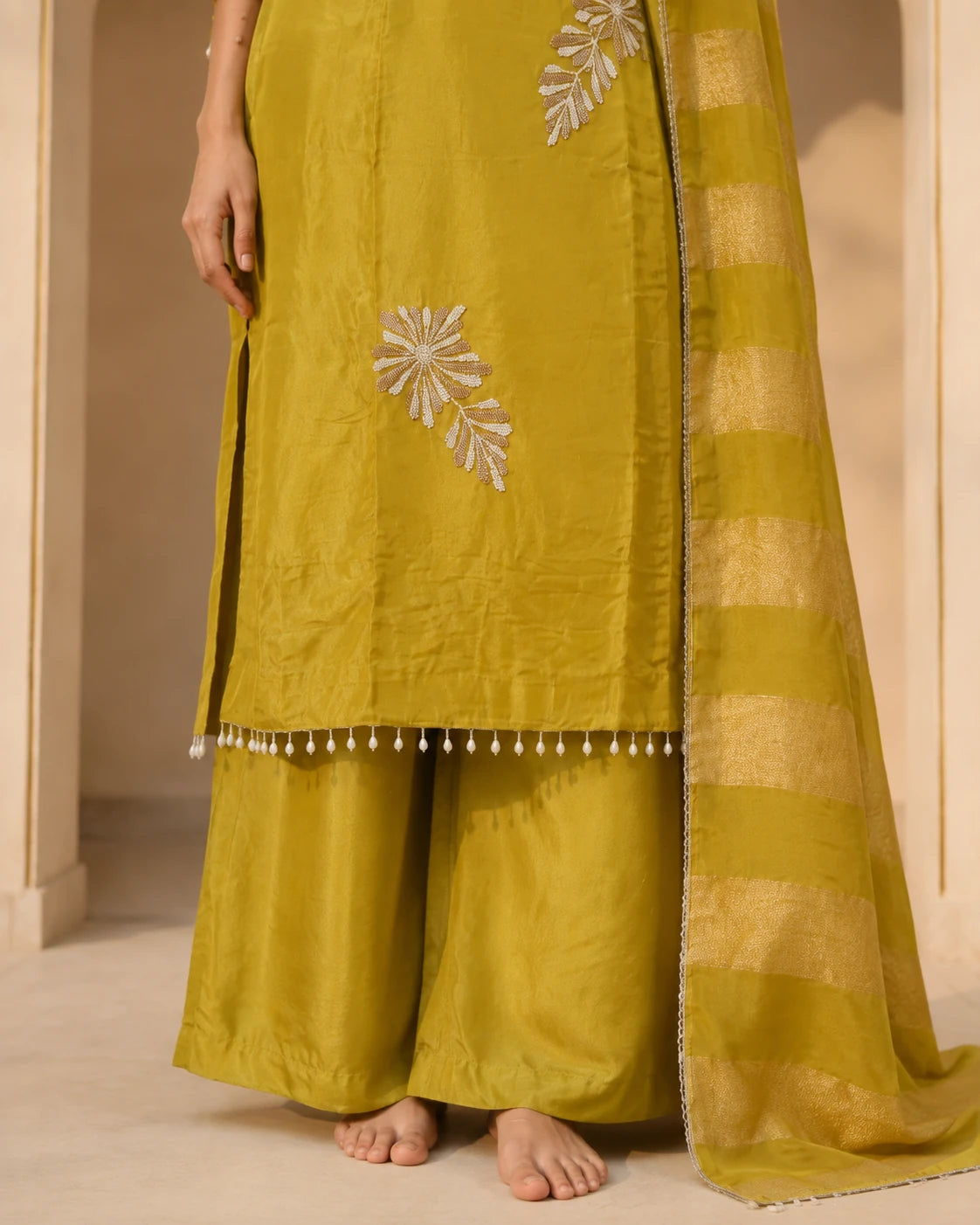 Chartreuse Tissue Silk Beadwork Suit Set