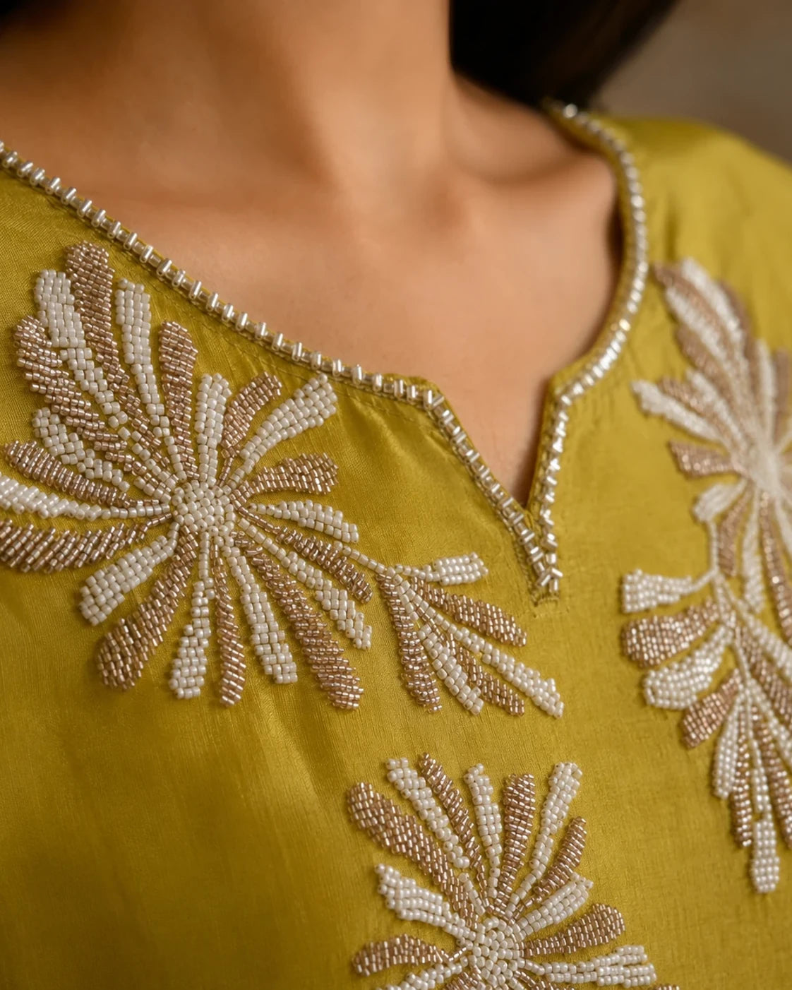 Chartreuse Tissue Silk Beadwork Suit Set