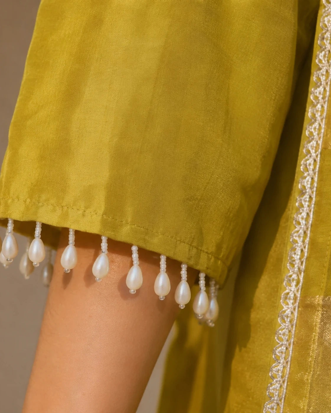 Chartreuse Tissue Silk Beadwork Suit Set