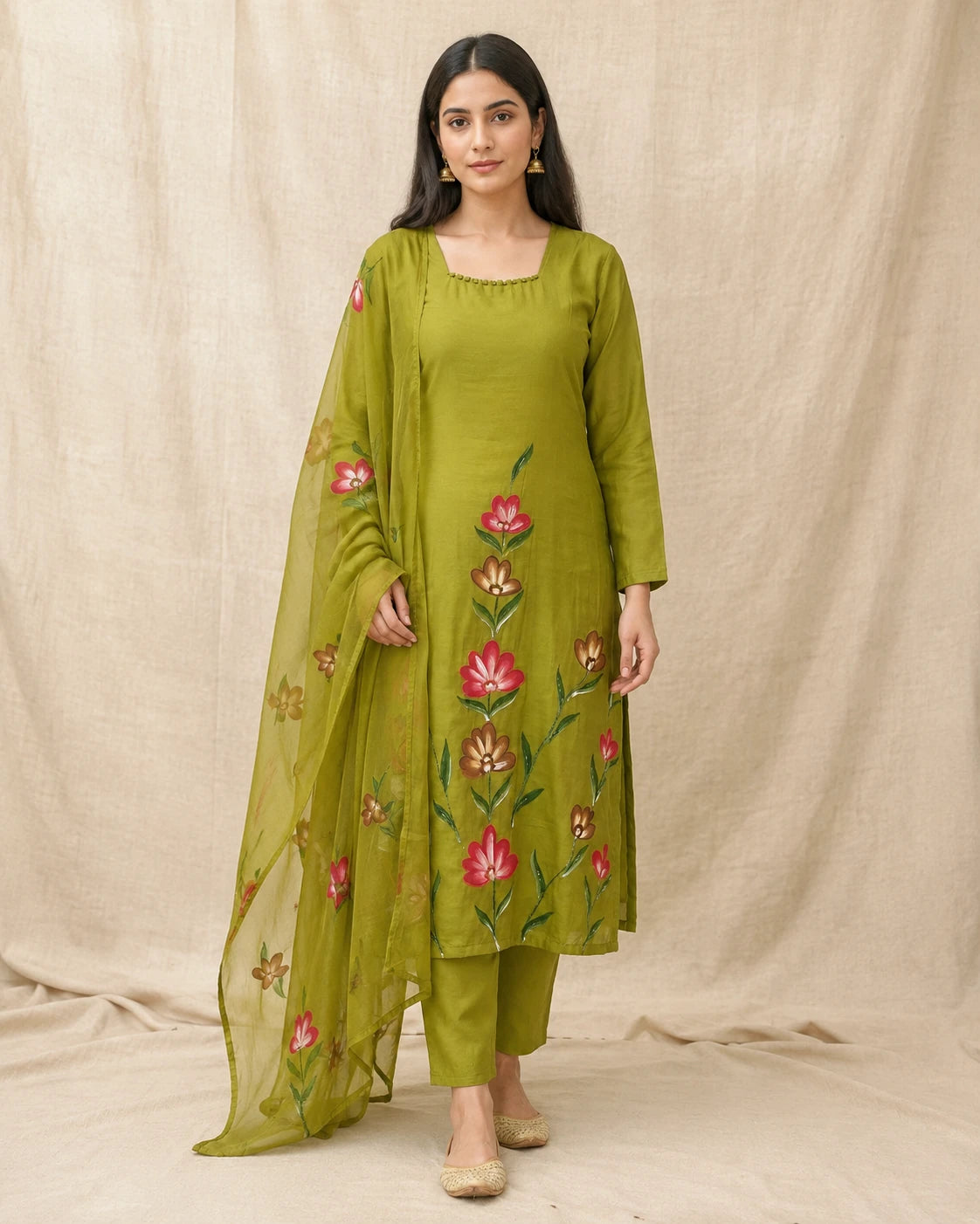 A woman modeling a three-piece olive green ethnic suit with floral embroidery, consisting of a kurta, matching trousers, and a sheer dupatta, set against a neutral beige fabric backdrop.