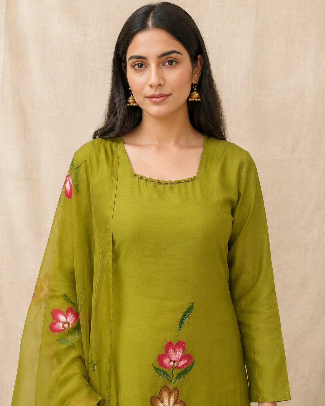Front styling view of Olive Green Mul Chanderi Kurta Pant Set with floral embroidery and matching dupatta