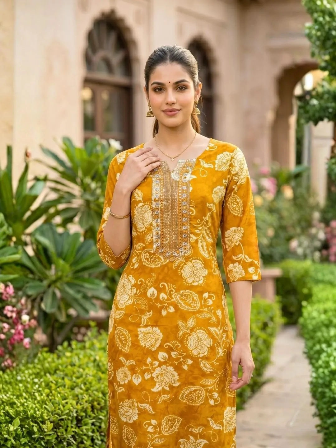 Mustard Yellow Floral Rayon Kurti