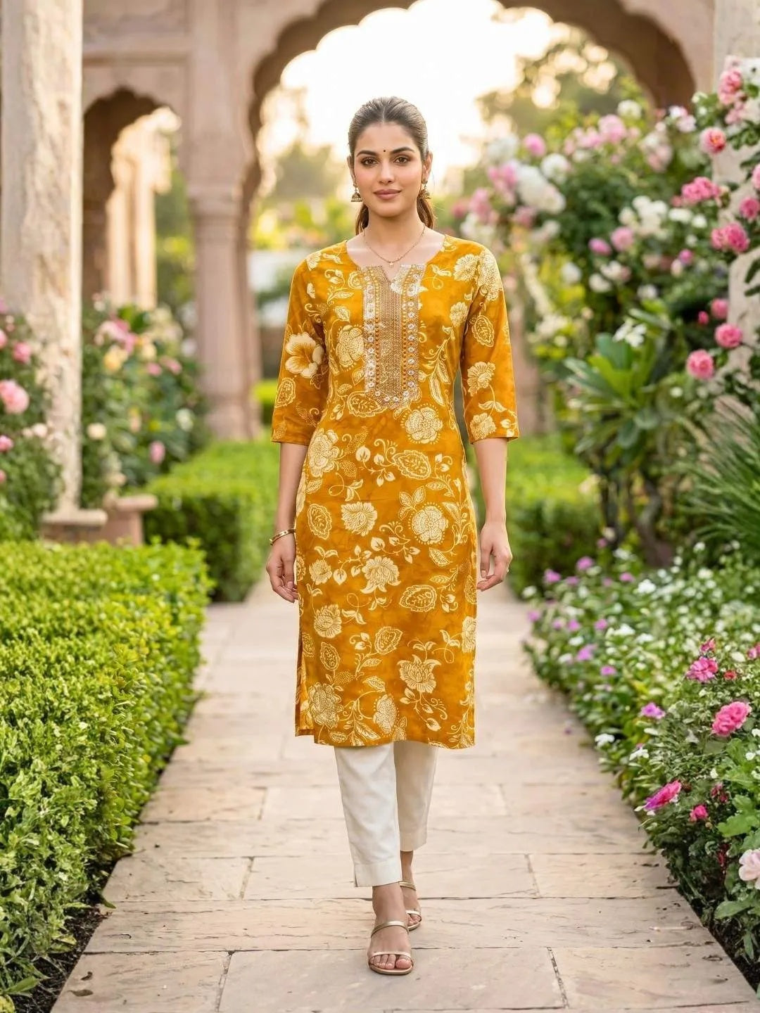 Mustard Yellow Floral Rayon Kurti