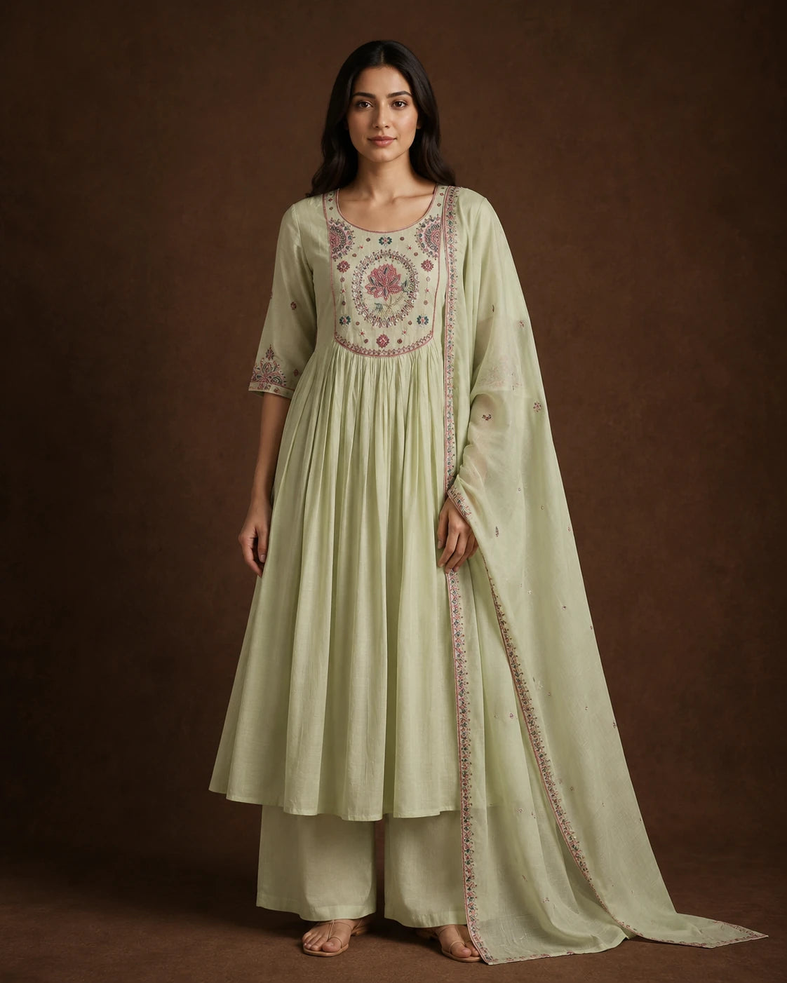 Sage Green Mal Chanderi Embroidered Kurta Set