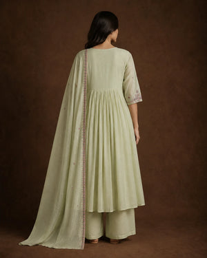 Sage Green Mal Chanderi Embroidered Kurta Set