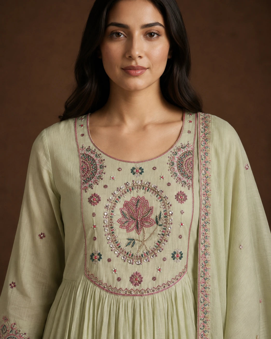 Sage Green Mal Chanderi Embroidered Kurta Set