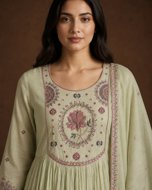 Sage Green Mal Chanderi Embroidered Kurta Set