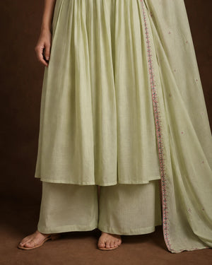 Sage Green Mal Chanderi Embroidered Kurta Set