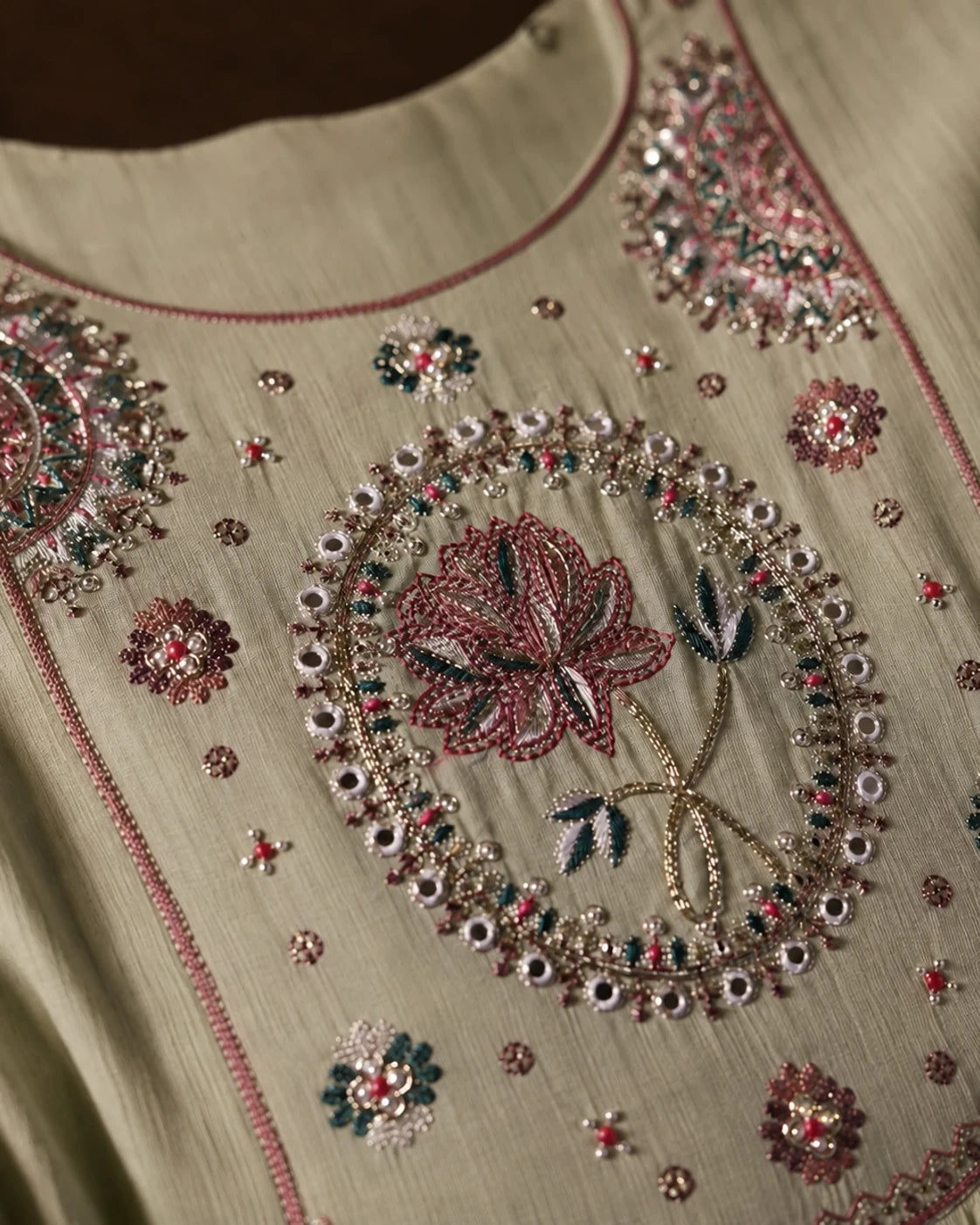 Sage Green Mal Chanderi Embroidered Kurta Set
