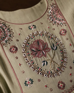Sage Green Mal Chanderi Embroidered Kurta Set