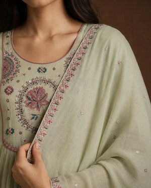 Sage Green Mal Chanderi Embroidered Kurta Set