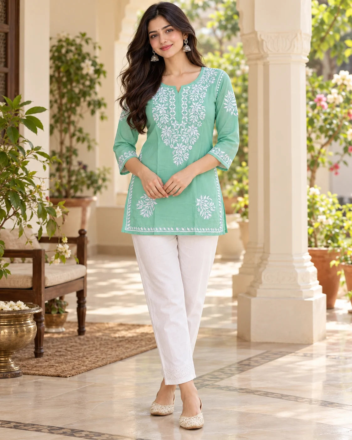 Woman wearing a mint green short chikankari kurti with white hand embroidery, notched round neck and 3/4 sleeves, paired with white pants