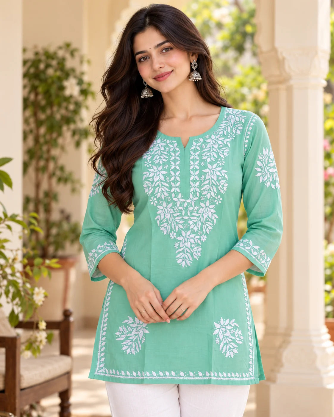 Close view of mint green chikankari short kurti with dense white floral embroidery on the yoke, sleeves and hemline border