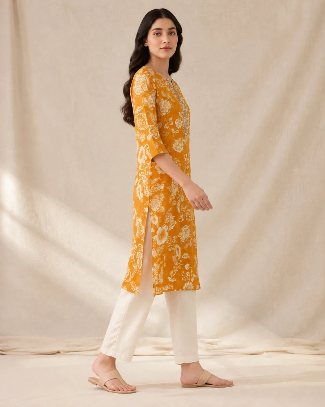 A woman modeling a mustard yellow kurta with a white floral print, paired with off-white pants and beige sandals, standing against a draped beige fabric backdrop.
