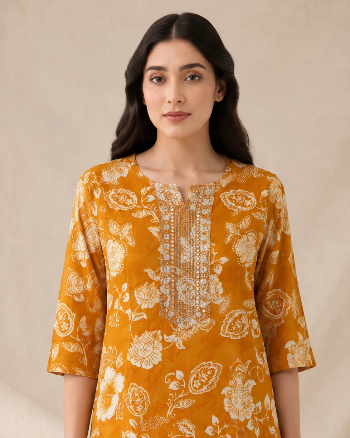 A woman modeling a mustard yellow kurta with a cream floral block print and a silver embroidered neckline, set against a neutral beige background.