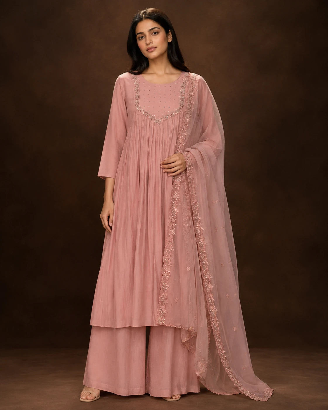 Rose Pink Mal Chanderi Beadwork Kurta Set