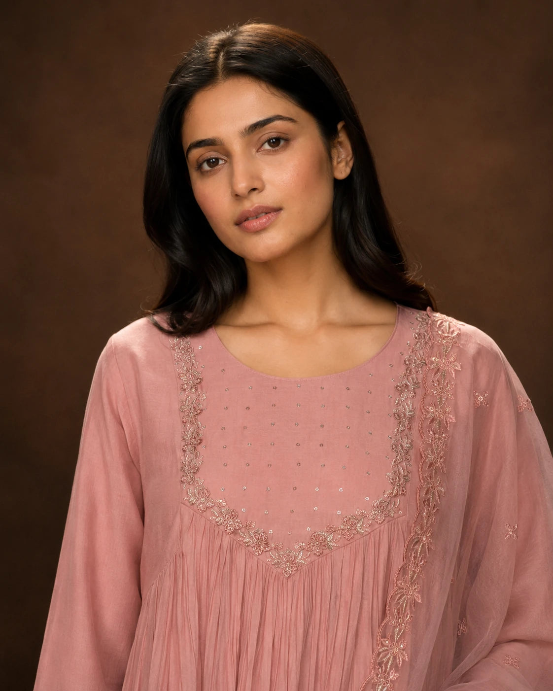 Rose Pink Mal Chanderi Beadwork Kurta Set