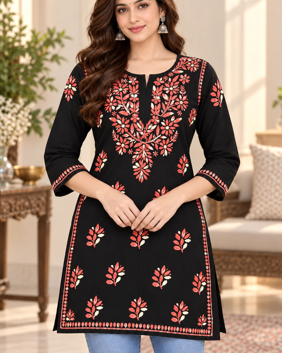 A woman wearing a black three-quarter sleeve kurta with red and white floral embroidery, paired with blue jeans, in a beautifully decorated indoor setting.