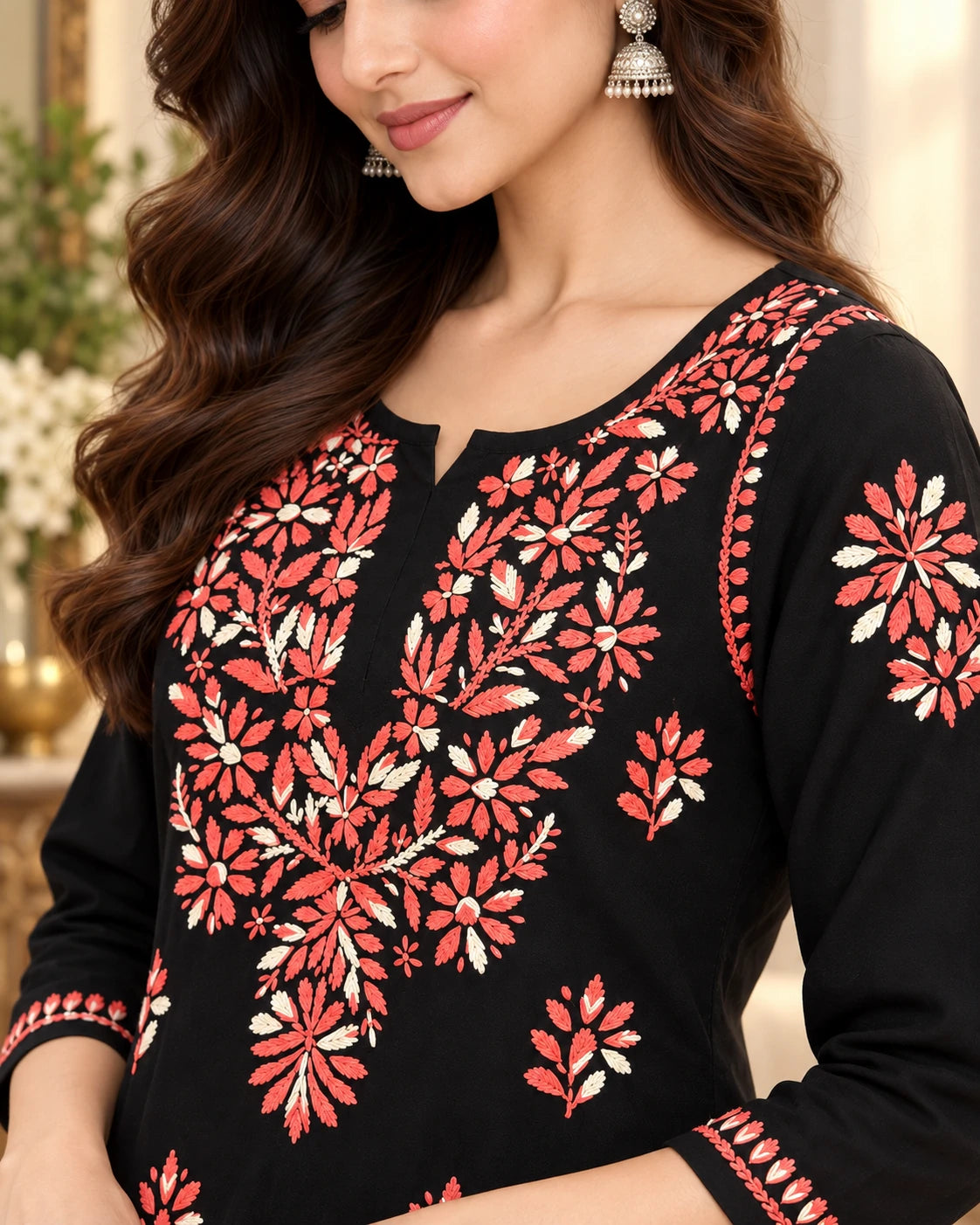 A woman wearing a black long-sleeve kurta with intricate red and white floral embroidery, featuring a split neckline and matching embroidered cuffs.