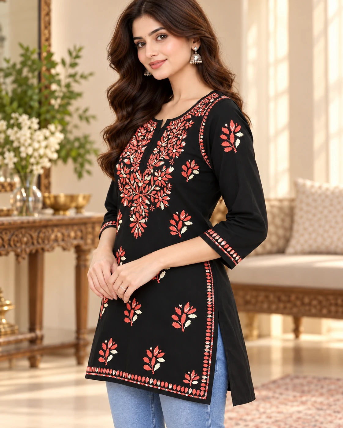 A woman modeling a black three-quarter sleeve kurta with red and white floral embroidery, paired with light blue jeans in a warm, elegant indoor setting.