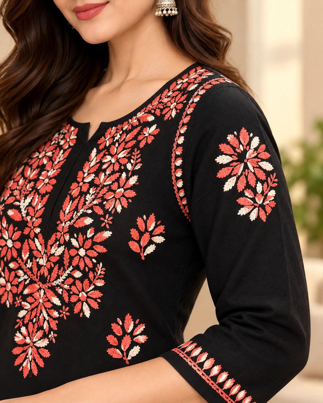 A close-up of a woman wearing a black three-quarter sleeve kurta with intricate red and white floral embroidery on the chest, shoulders, and sleeve.