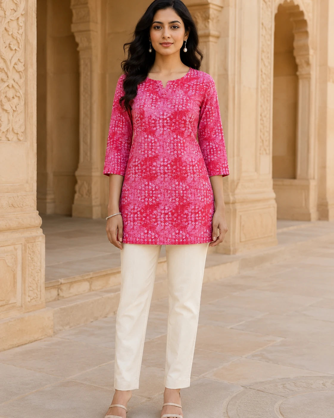 Raspberry Pink Bandhani Print Short Kurti