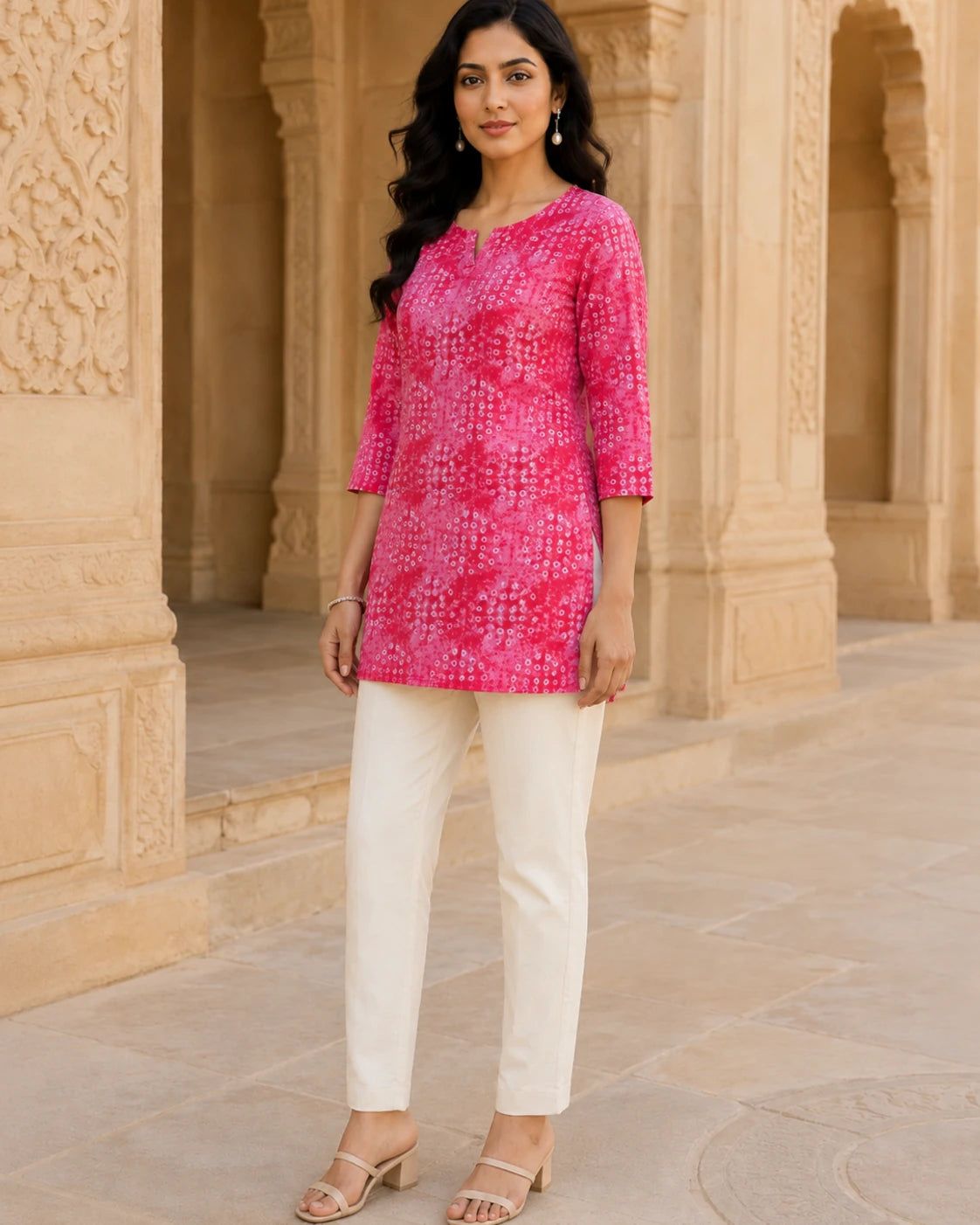 Raspberry Pink Bandhani Print Short Kurti