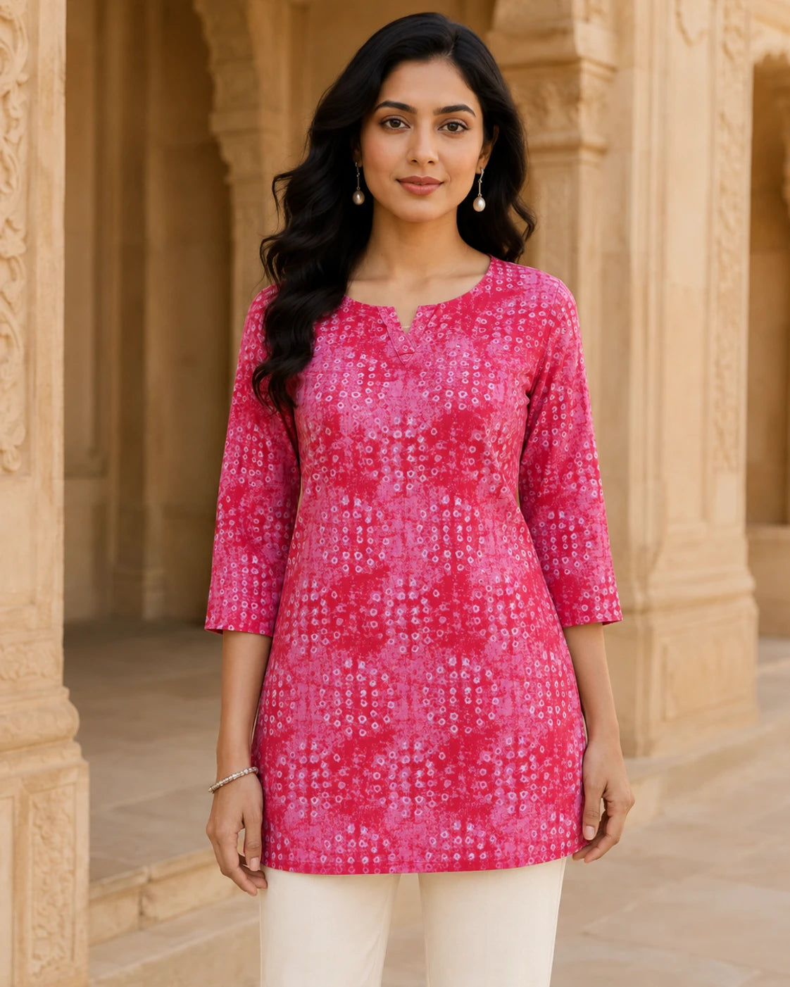 Raspberry Pink Bandhani Print Short Kurti