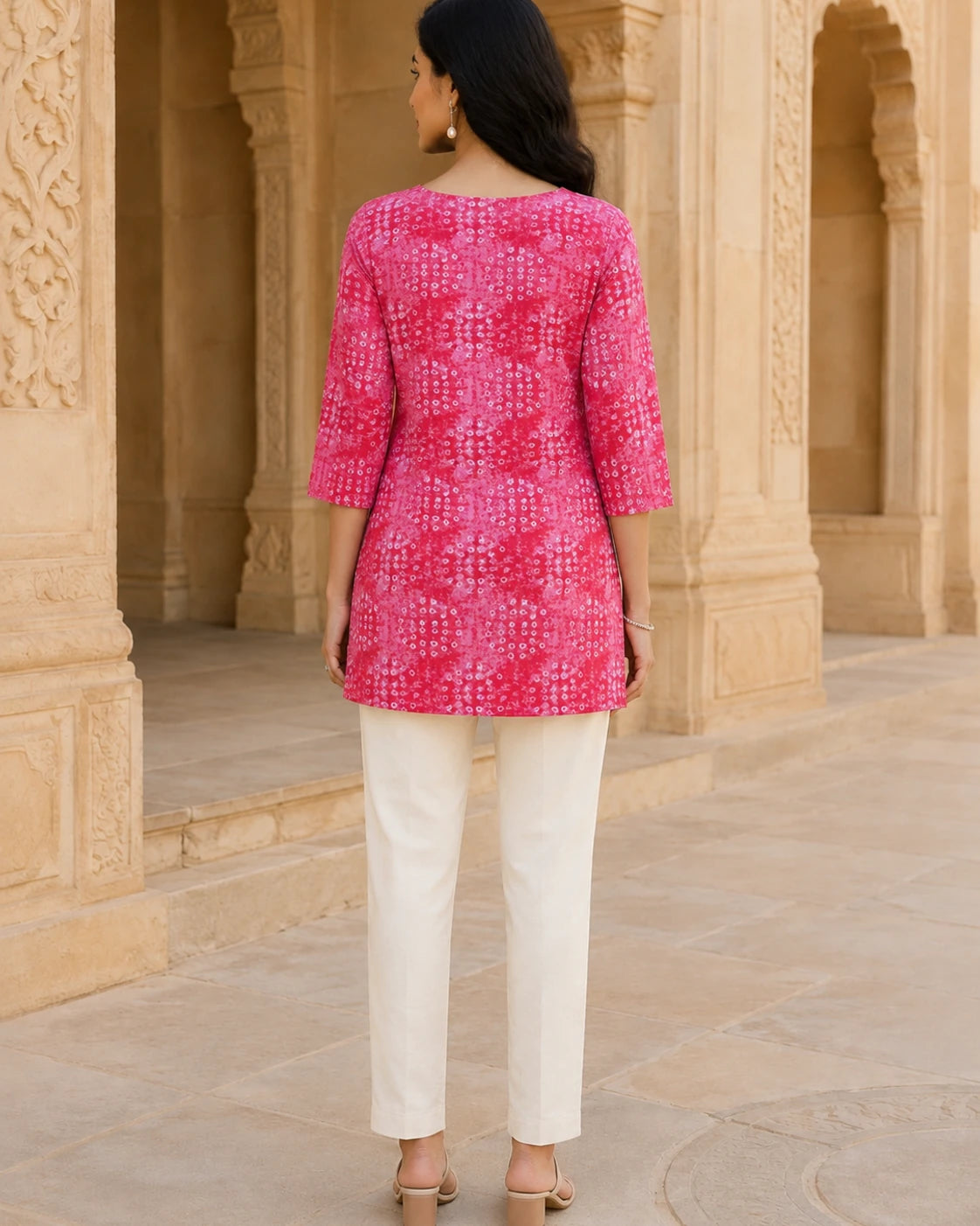 Raspberry Pink Bandhani Print Short Kurti