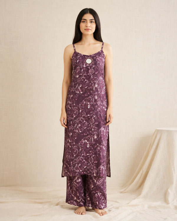 Full-length view of Purple Vatican Mirror Work Kurta Set with matching wide-leg pants