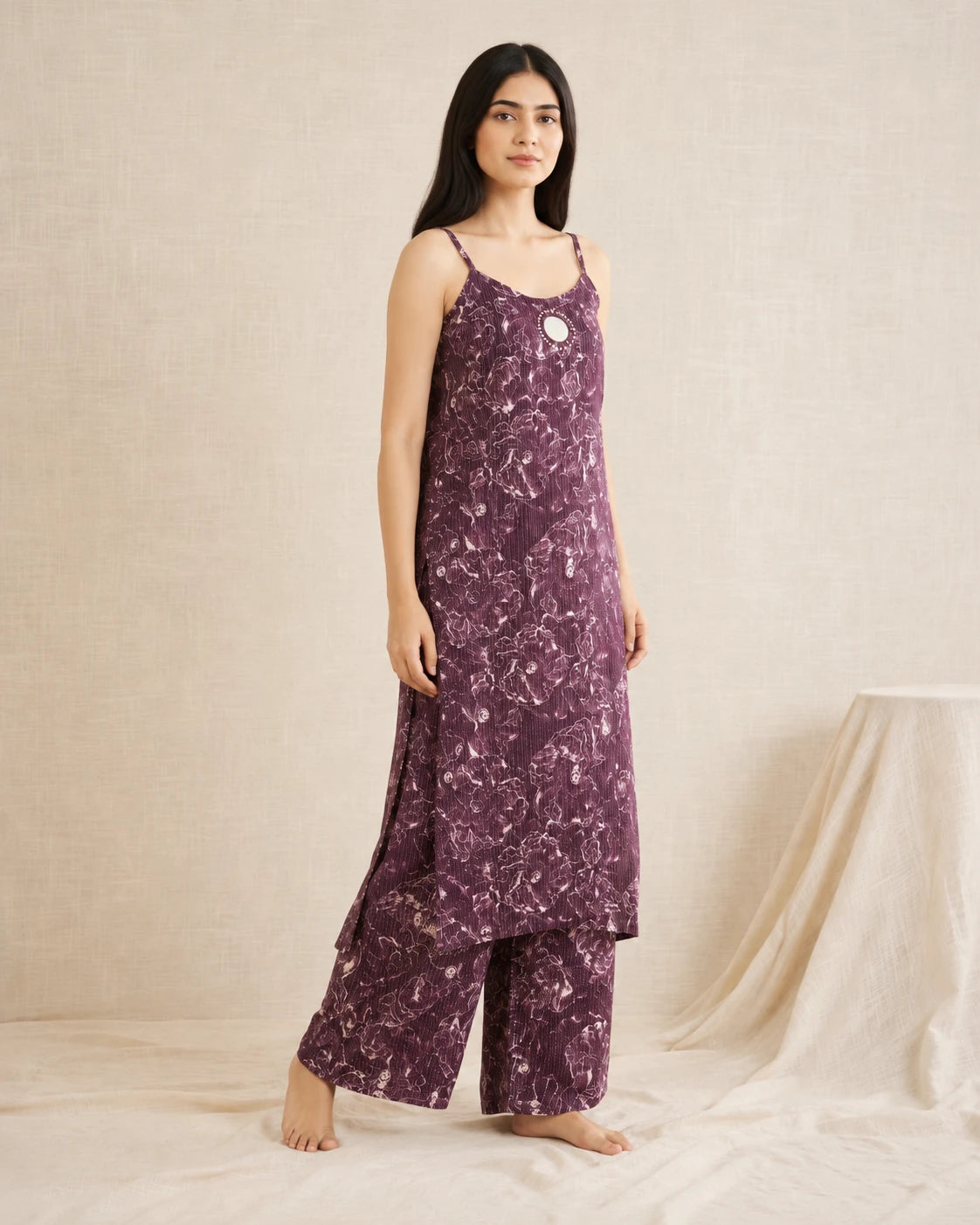 Full-length styling view of Purple Vatican Mirror Work Kurta Set with matching wide-leg pants