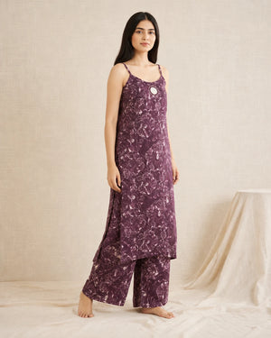 Full-length styling view of Purple Vatican Mirror Work Kurta Set with matching wide-leg pants