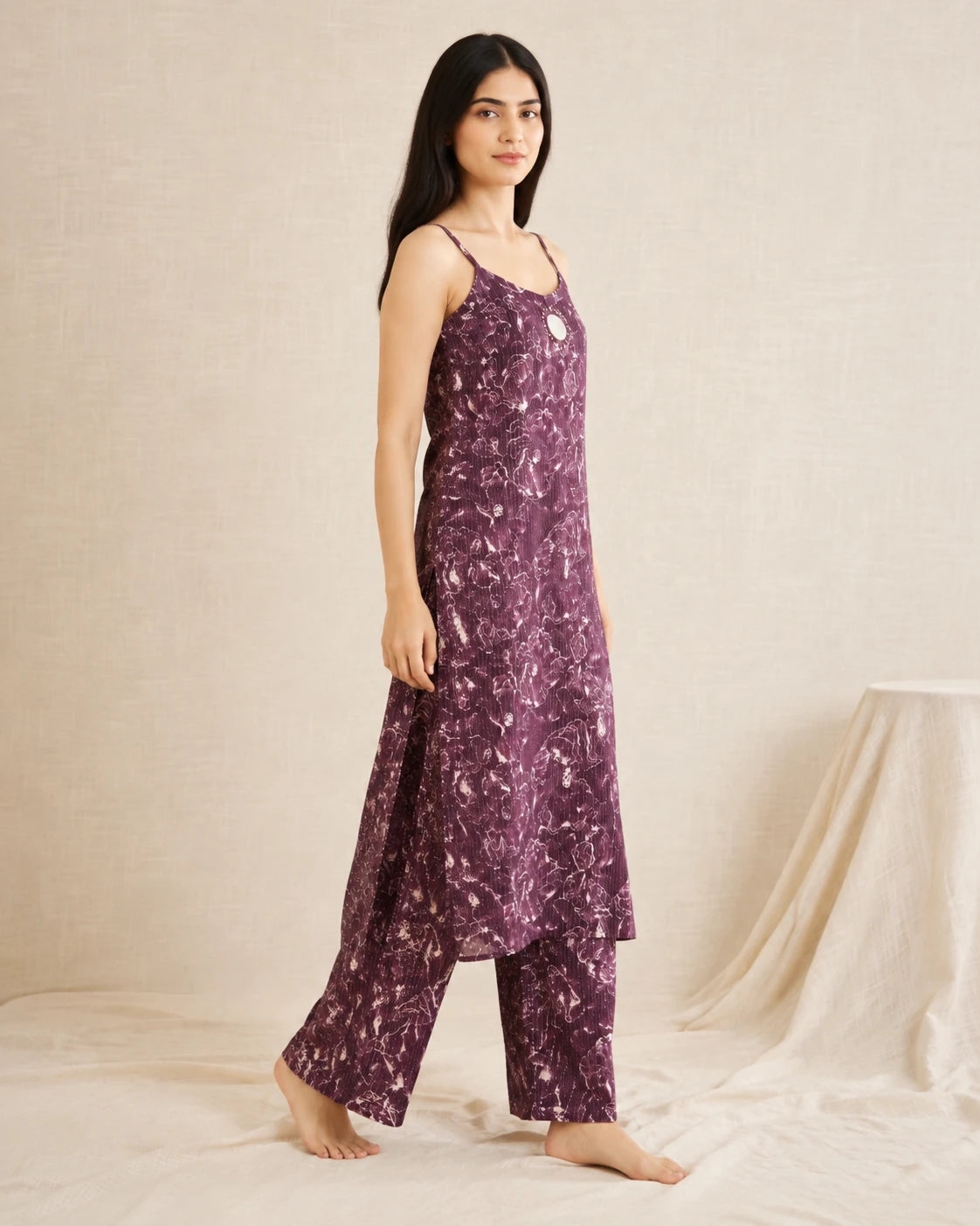 Full-length view of Purple Vatican Mirror Work Kurta Set showing the printed kurta and matching pants