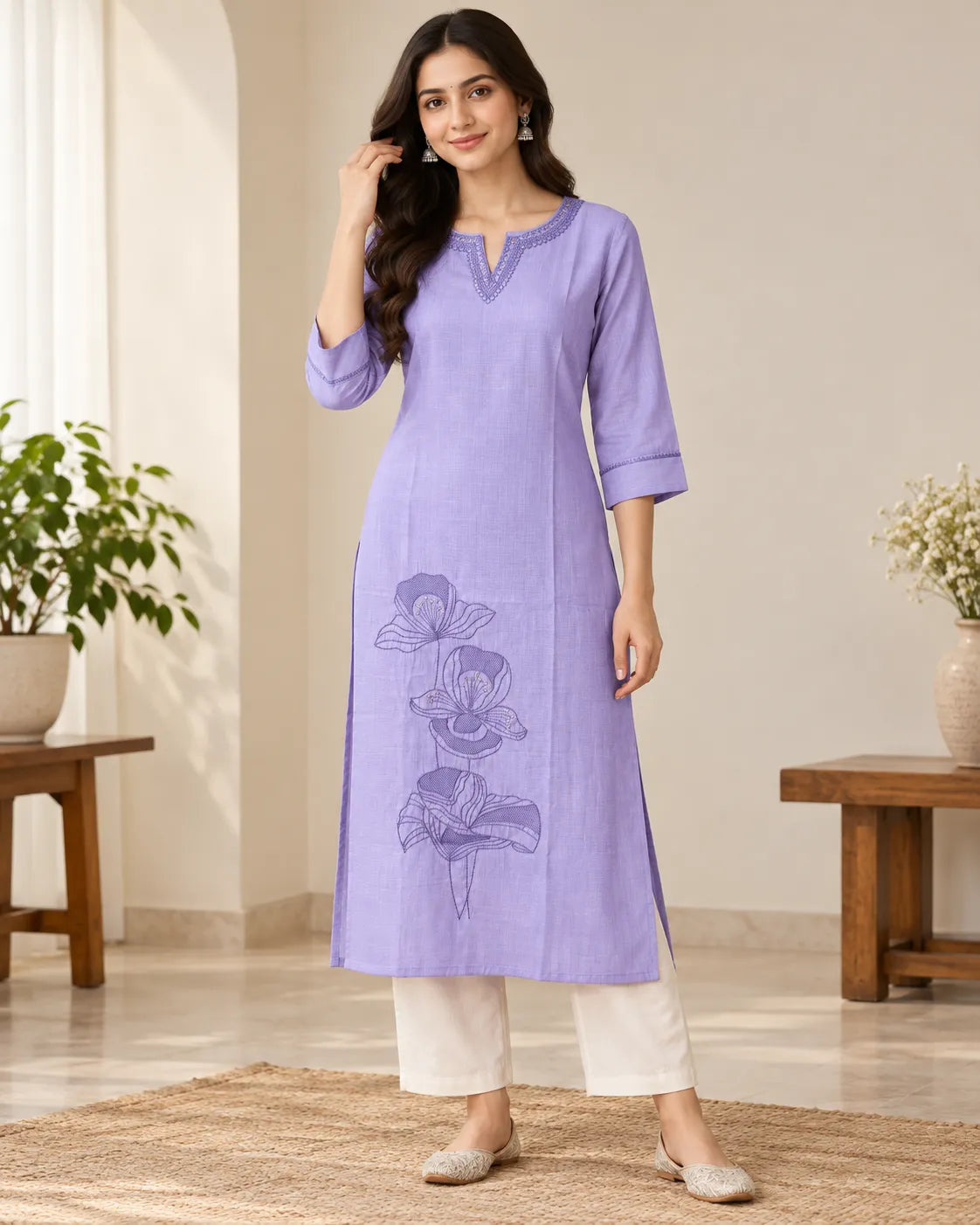 A woman models a lavender purple cotton kurta with a floral print on the front, paired with white pants and silver flat shoes in a bright indoor setting.