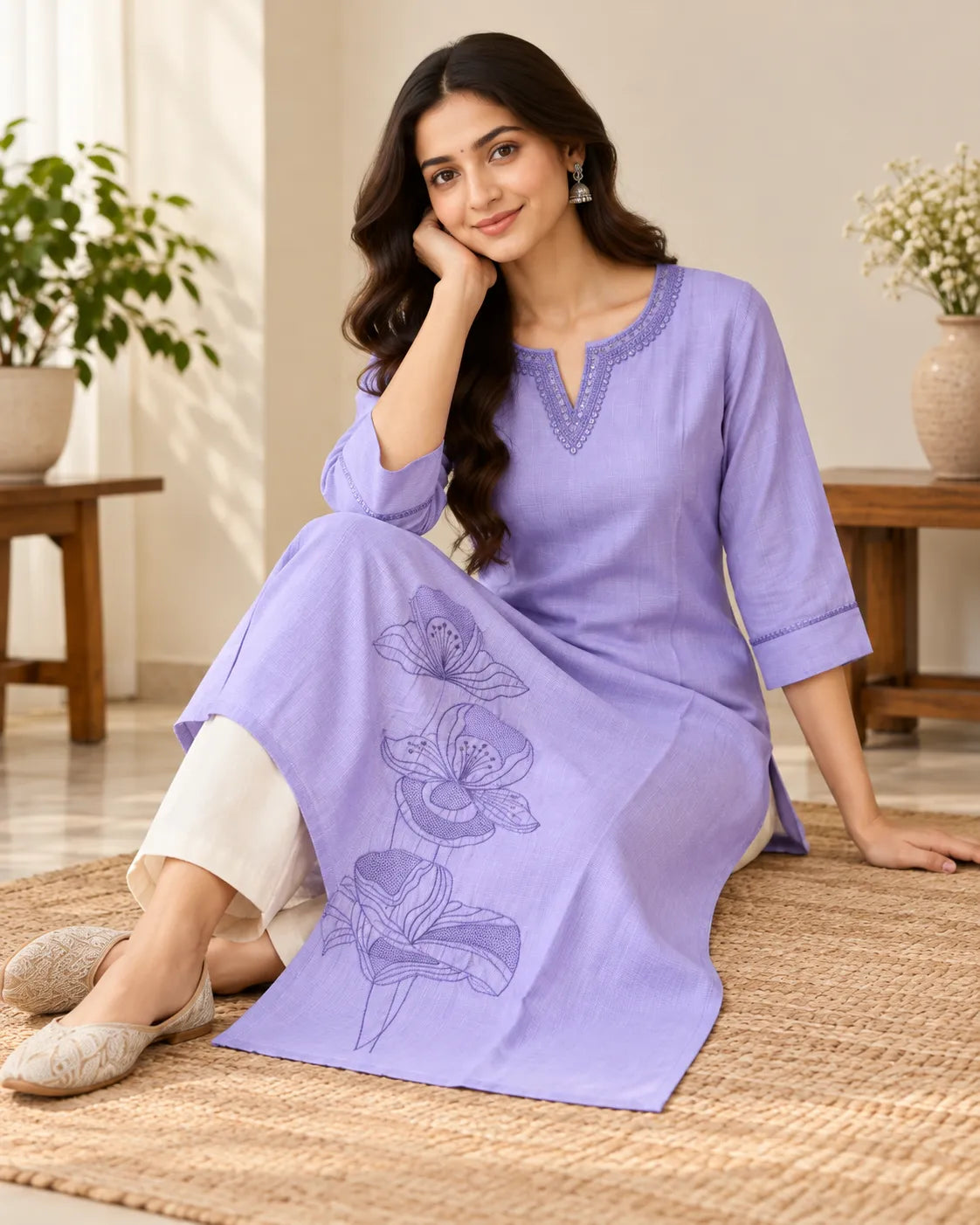 A woman sits on a woven jute mat wearing a lavender purple kurta with a split neckline, 3/4 sleeves, and a floral print on the lower front, paired with off-white pants and beige flat shoes in a warm, sunlit indoor setting.